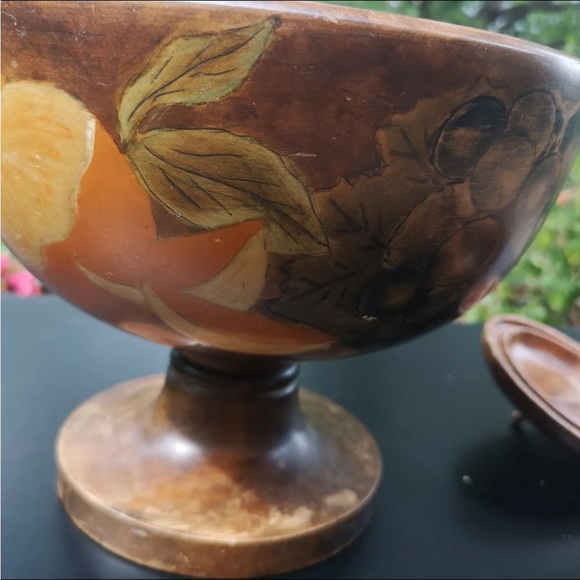 Vintage Wooden Fruit Painted Pedestal Bowl, 7.5" Tall and A Money Pod Wood Apple - Picture 4 of 9